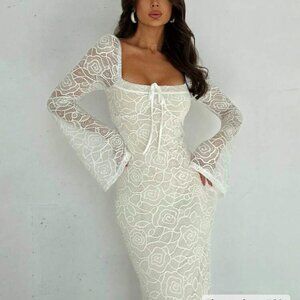 White Lace Floral Maxi Dress- Ivory